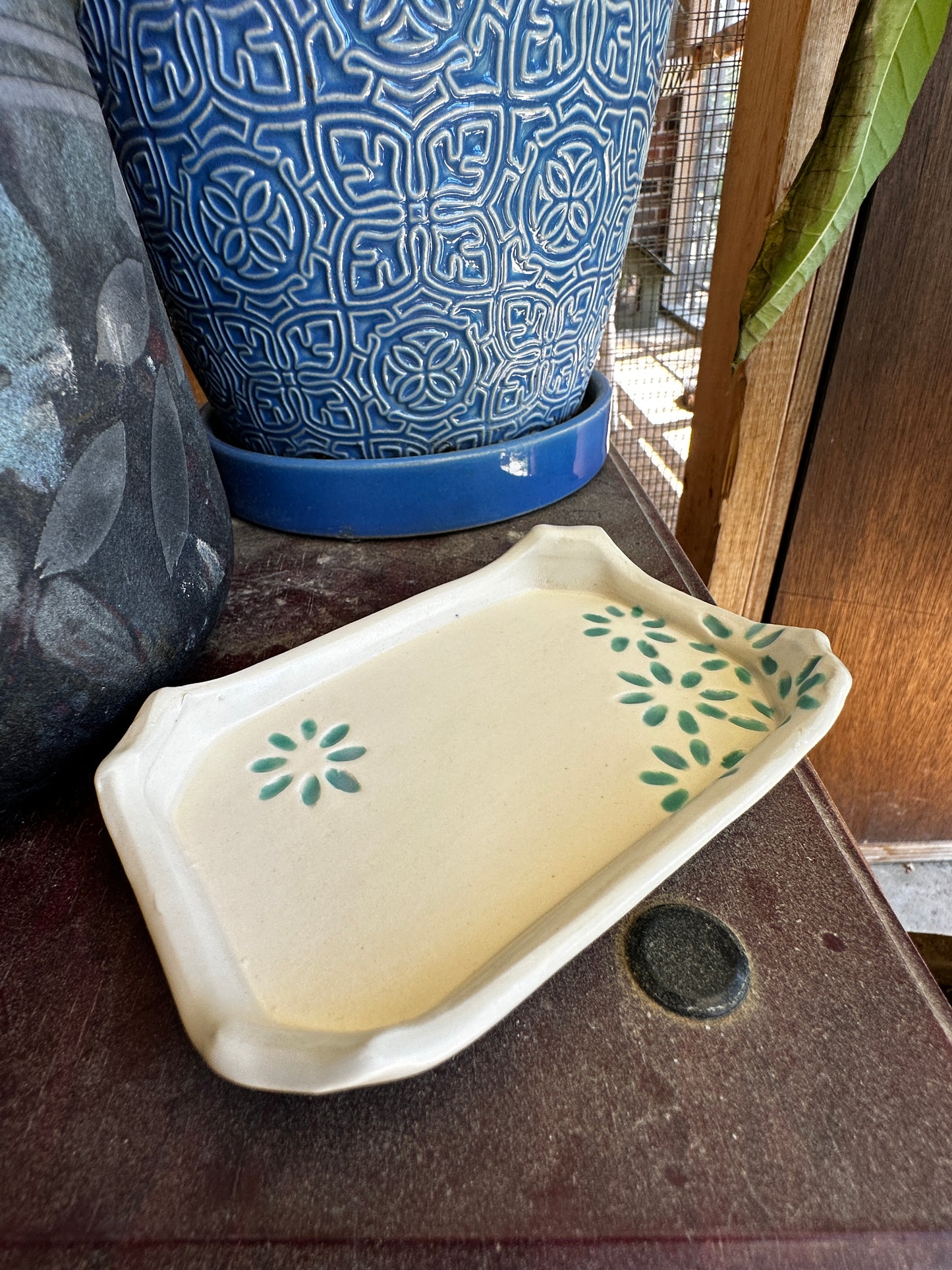 Hand-Built Ceramic Catchall (Painted Green Daisies) by the Vegan Potter