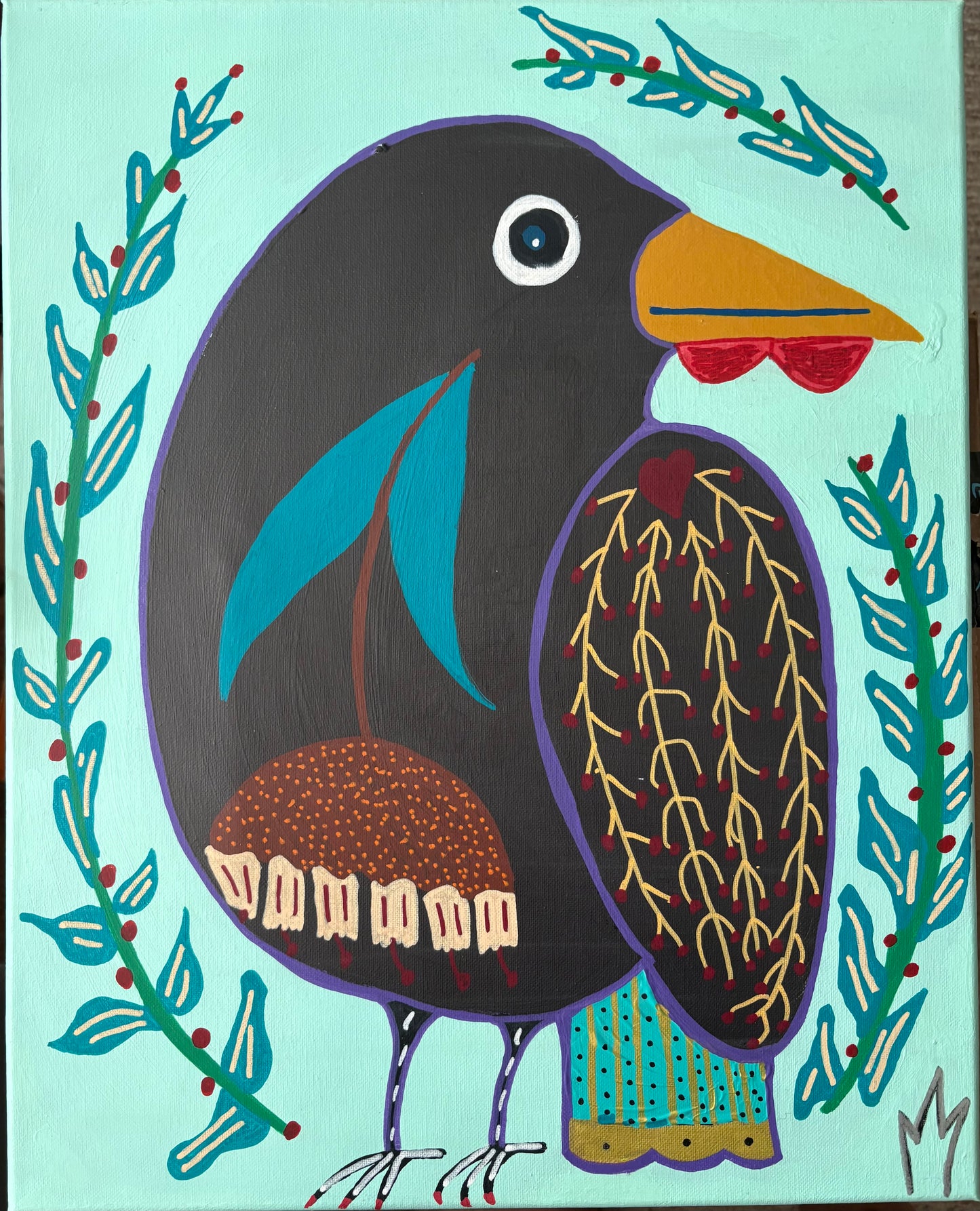 Folk Art Bird - Original Painting on Canvas