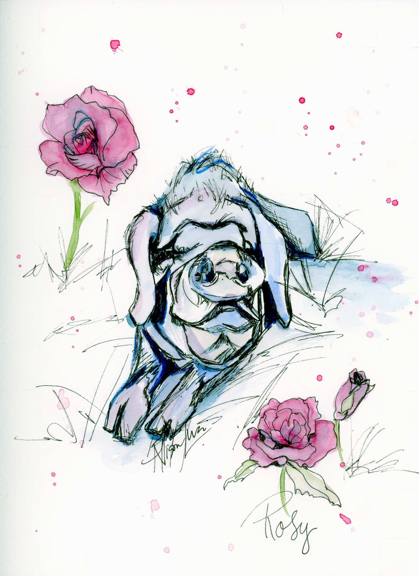Rosy with Roses (Original, Signed Watercolor Portrait by Allie for the Soul)