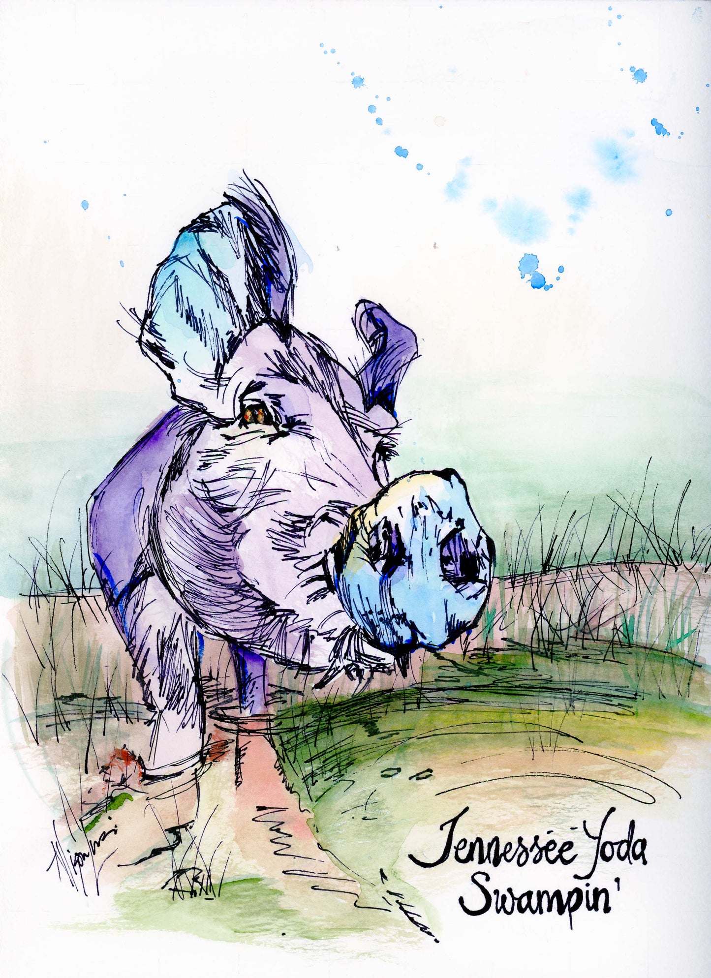 Tennessee Yoda Swampin' (Original, Signed Watercolor Portrait by Allie for the Soul)