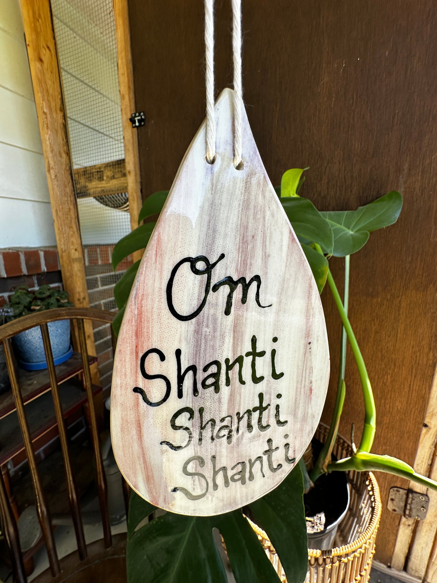 Om Shanti Ceramic Wall Hanging – Hand-Painted Teardrop
