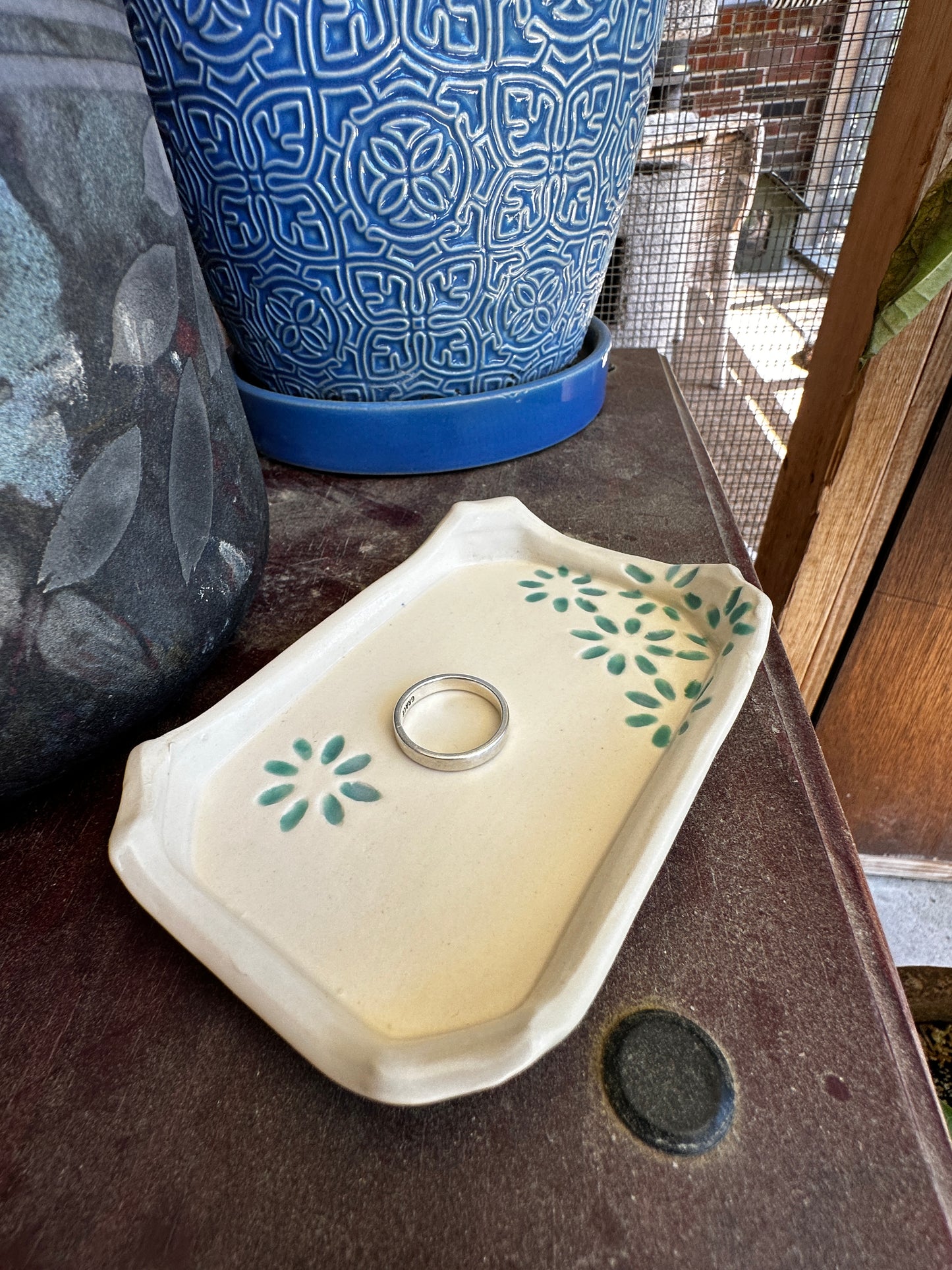 Hand-Built Ceramic Catchall (Painted Green Daisies) by the Vegan Potter