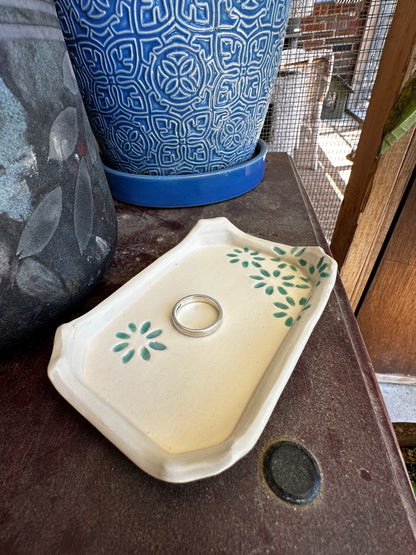Hand-Built Ceramic Catchall (Painted Green Daisies) by the Vegan Potter