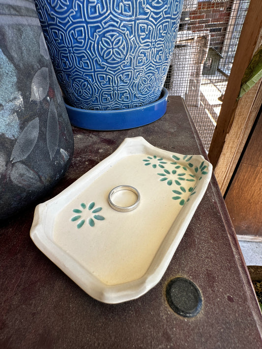 Hand-Built Ceramic Catchall (Painted Green Daisies) by the Vegan Potter