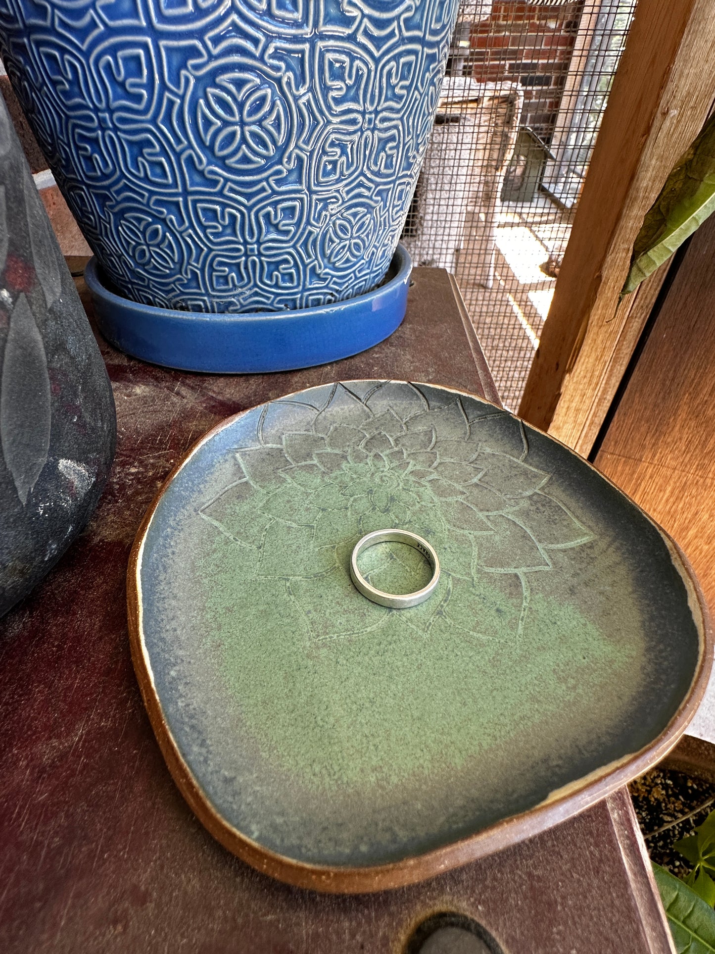 Lotus Leaf Mandala Ring Dish – Sage Green Handmade Ceramic
