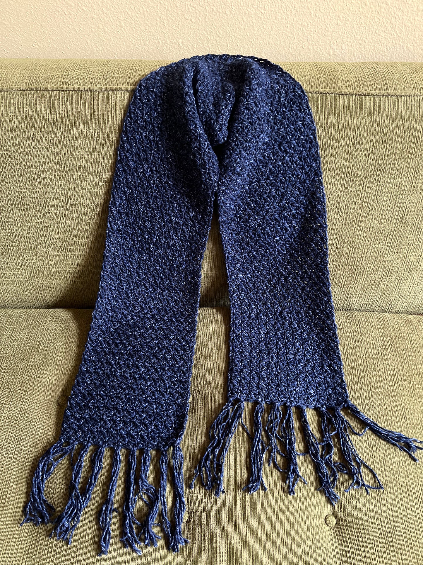 Hand-Crocheted Navy Scarf with Fringe