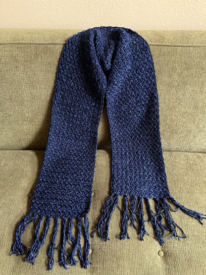 Hand-Crocheted Navy Scarf with Fringe