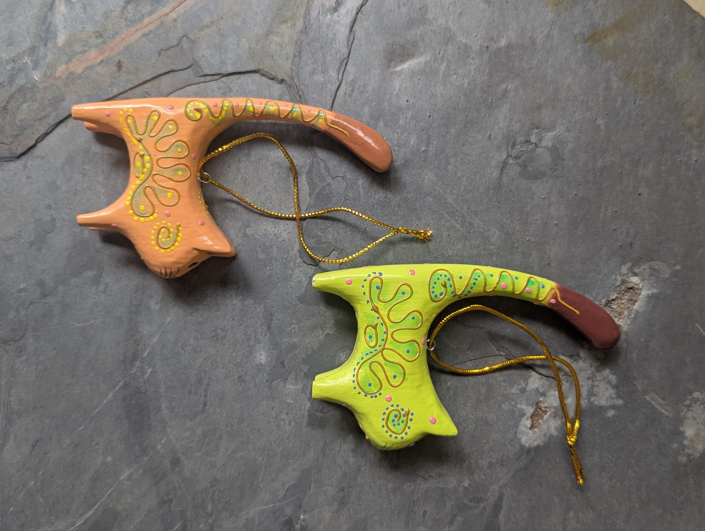 Hand-Painted Wooden Cat Ornaments – Set of 2 (Tangerine & Lime)