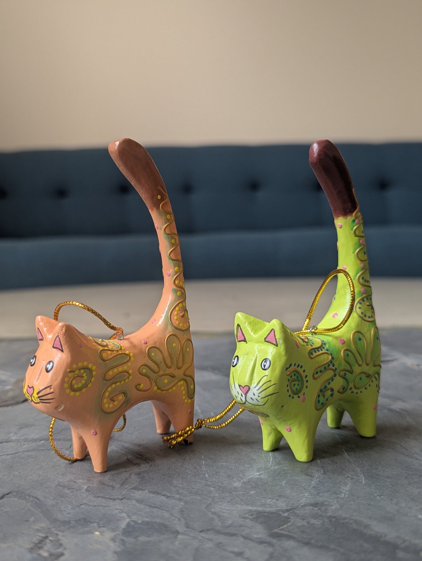 Hand-Painted Wooden Cat Ornaments – Set of 2 (Tangerine & Lime)