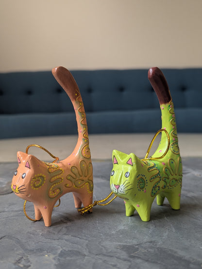 Hand-Painted Wooden Cat Ornaments – Set of 2 (Tangerine & Lime)