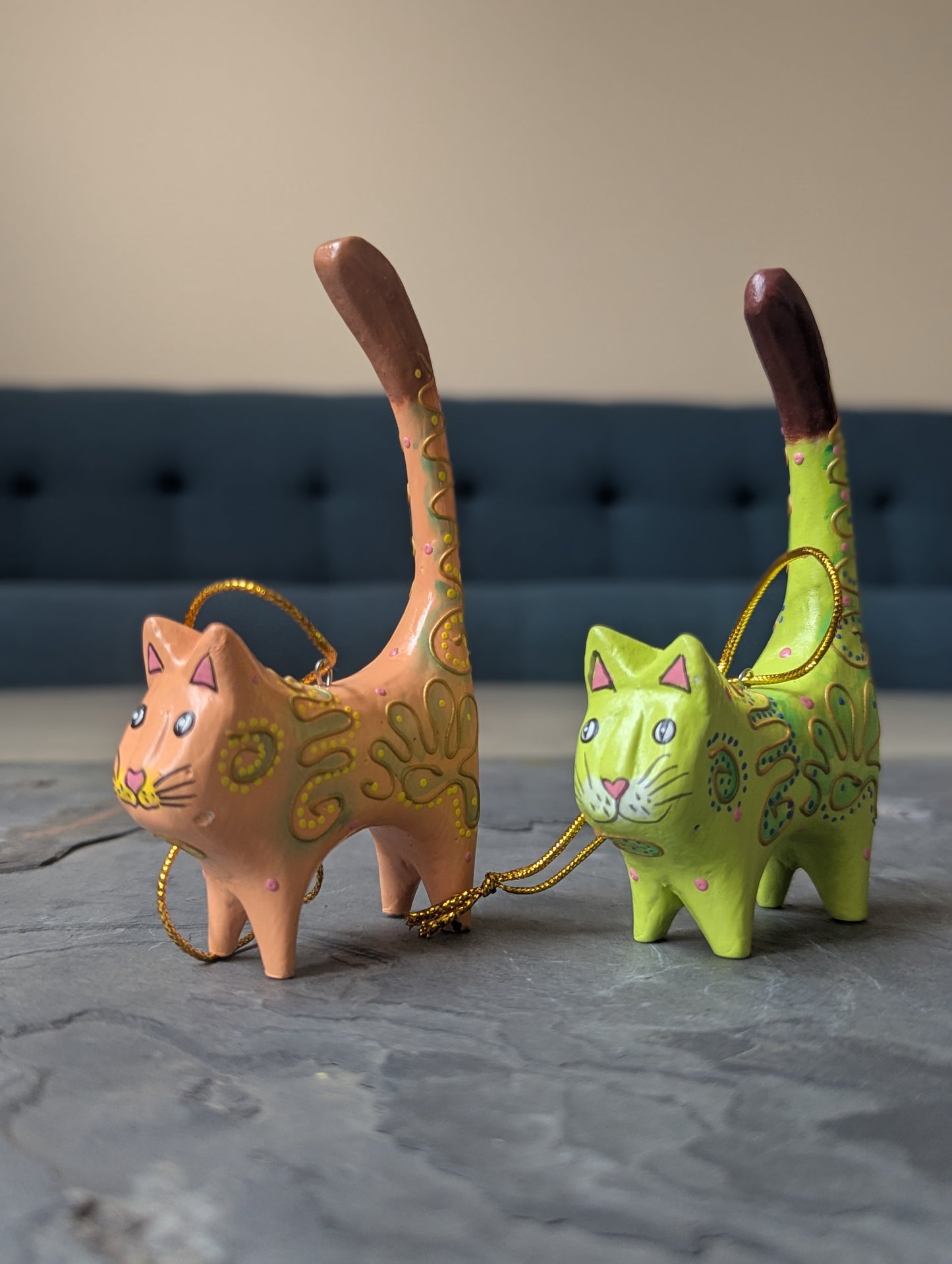Hand-Painted Wooden Cat Ornaments – Set of 2 (Tangerine & Lime)