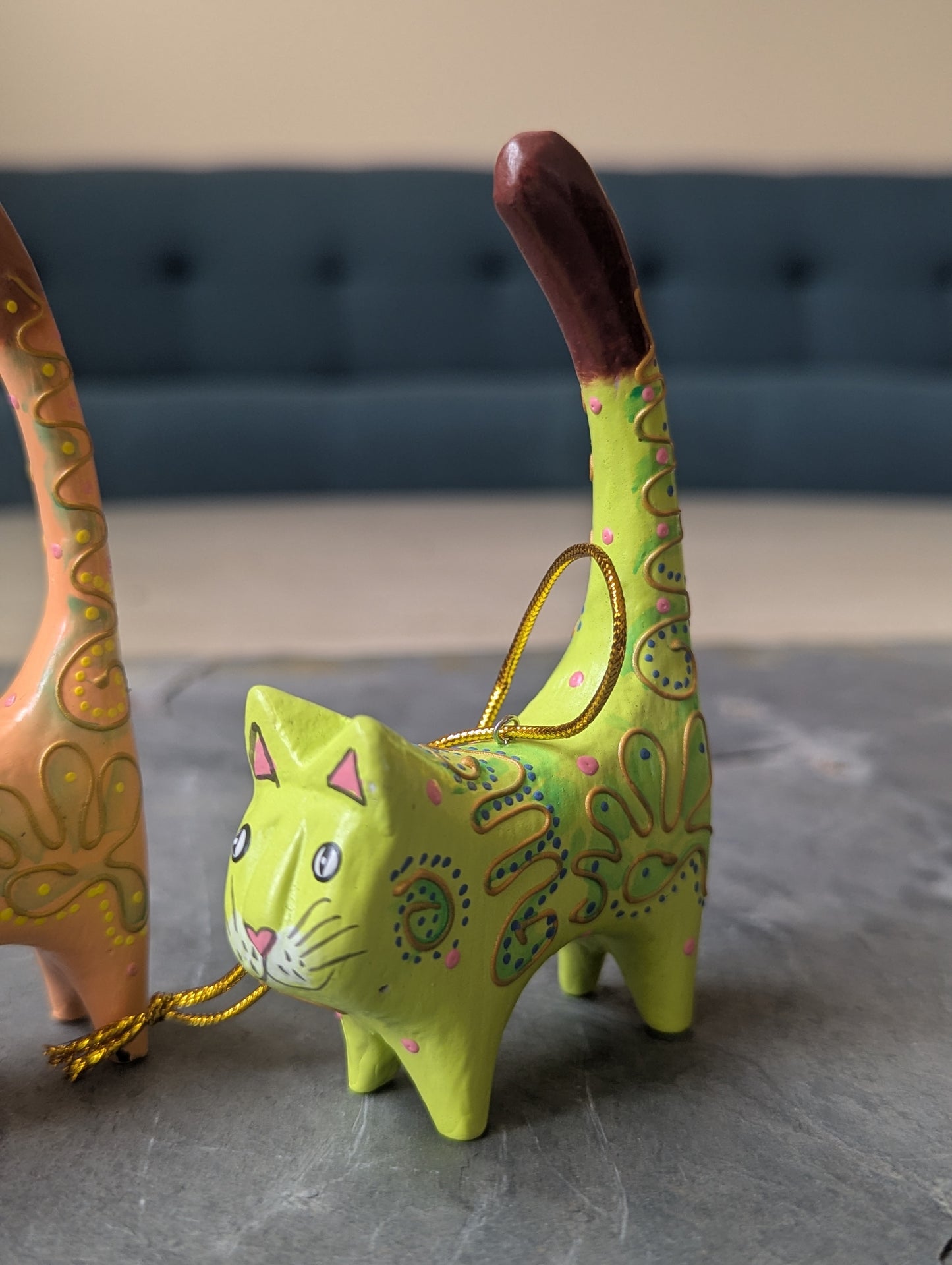 Hand-Painted Wooden Cat Ornaments – Set of 2 (Tangerine & Lime)