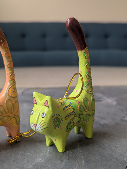 Hand-Painted Wooden Cat Ornaments – Set of 2 (Tangerine & Lime)