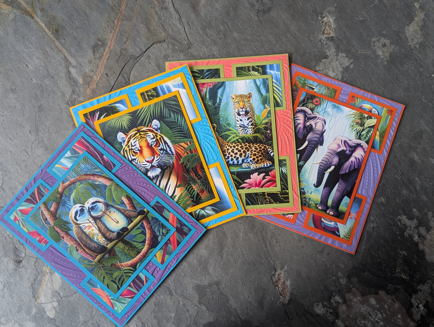 Handmade Wildlife Greeting Cards – Set of 4 (Tiger, Leopard, Elephant, Sloths)