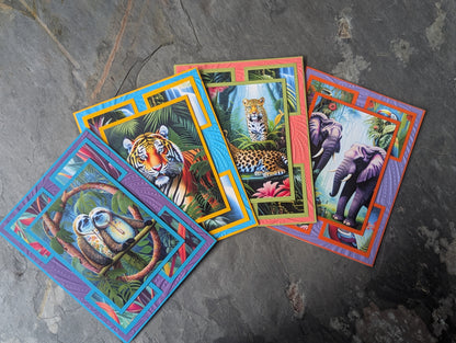 Handmade Wildlife Greeting Cards – Set of 4 (Tiger, Leopard, Elephant, Sloths)