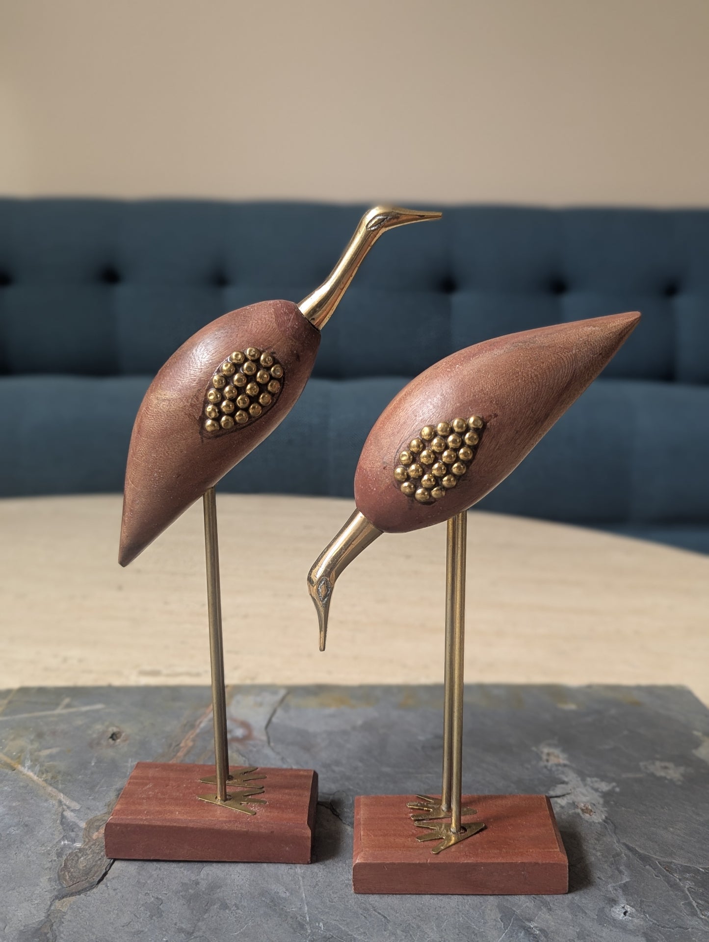 Wood & Brass Crane Sculptures – Set of 2
