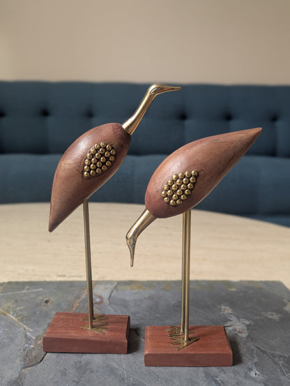 Wood & Brass Crane Sculptures – Set of 2