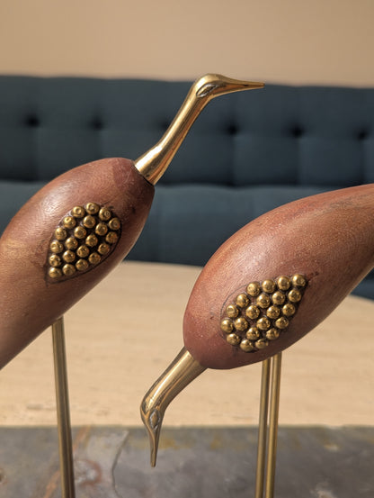 Wood & Brass Crane Sculptures – Set of 2