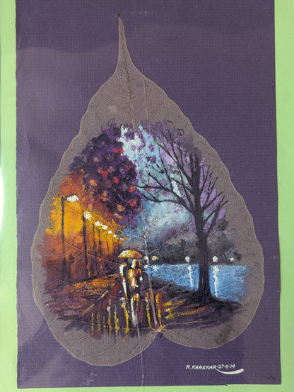 Hand-Painted Peepal Leaf Art – Autumn Landscape by R. Karekar