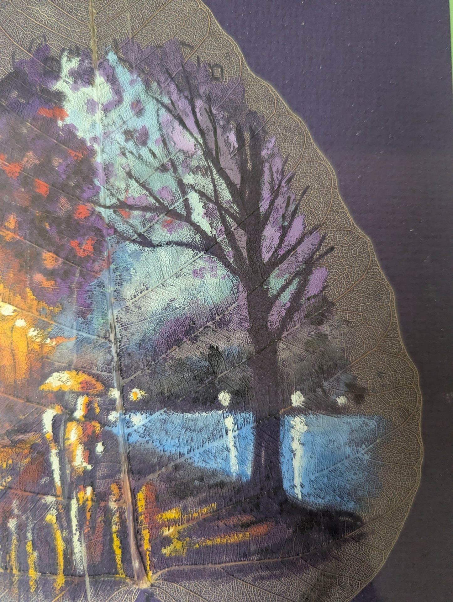Hand-Painted Peepal Leaf Art – Autumn Landscape by R. Karekar